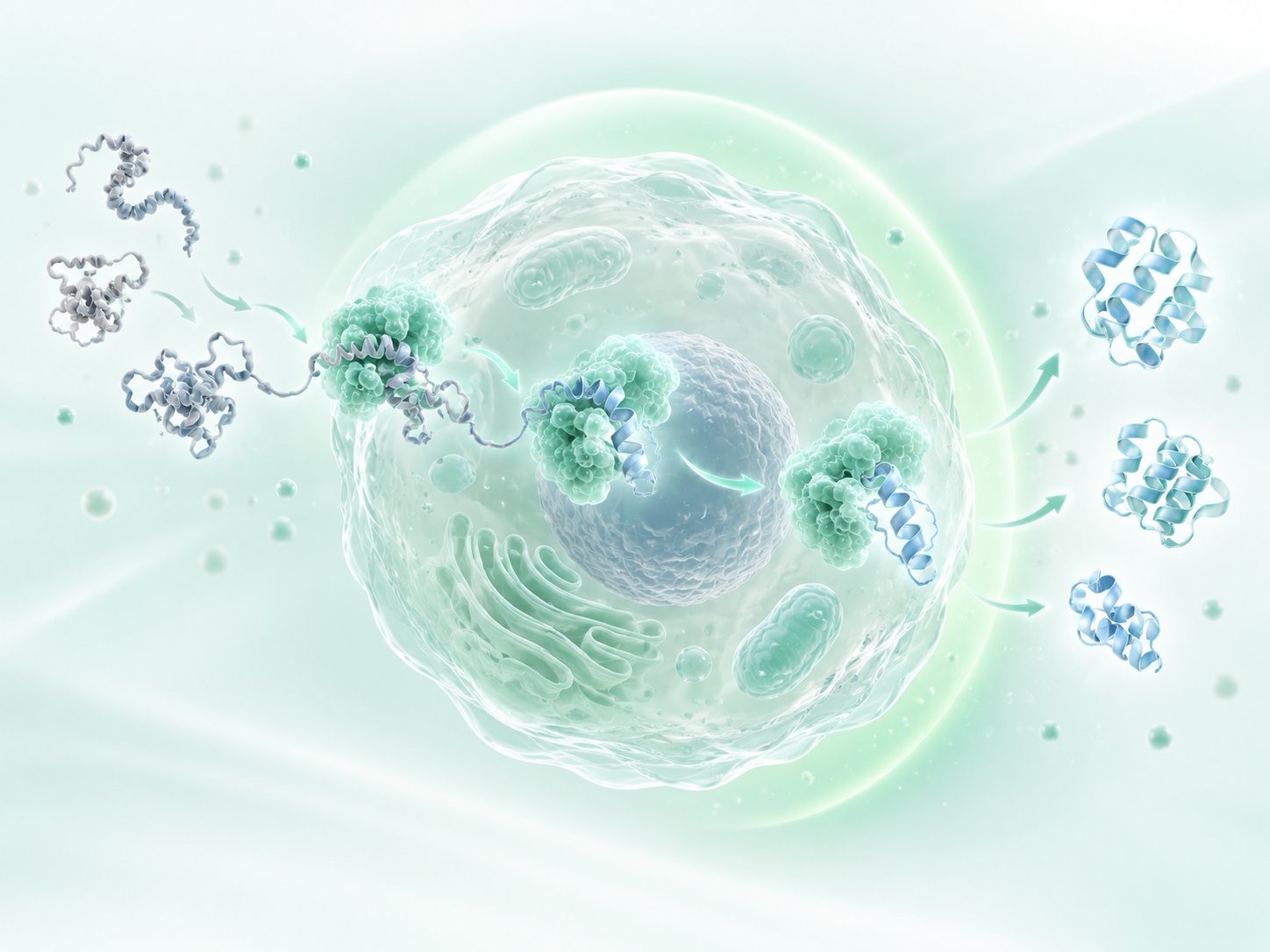 Cellular illustration of heat shock proteins helping protein folding and cellular defense